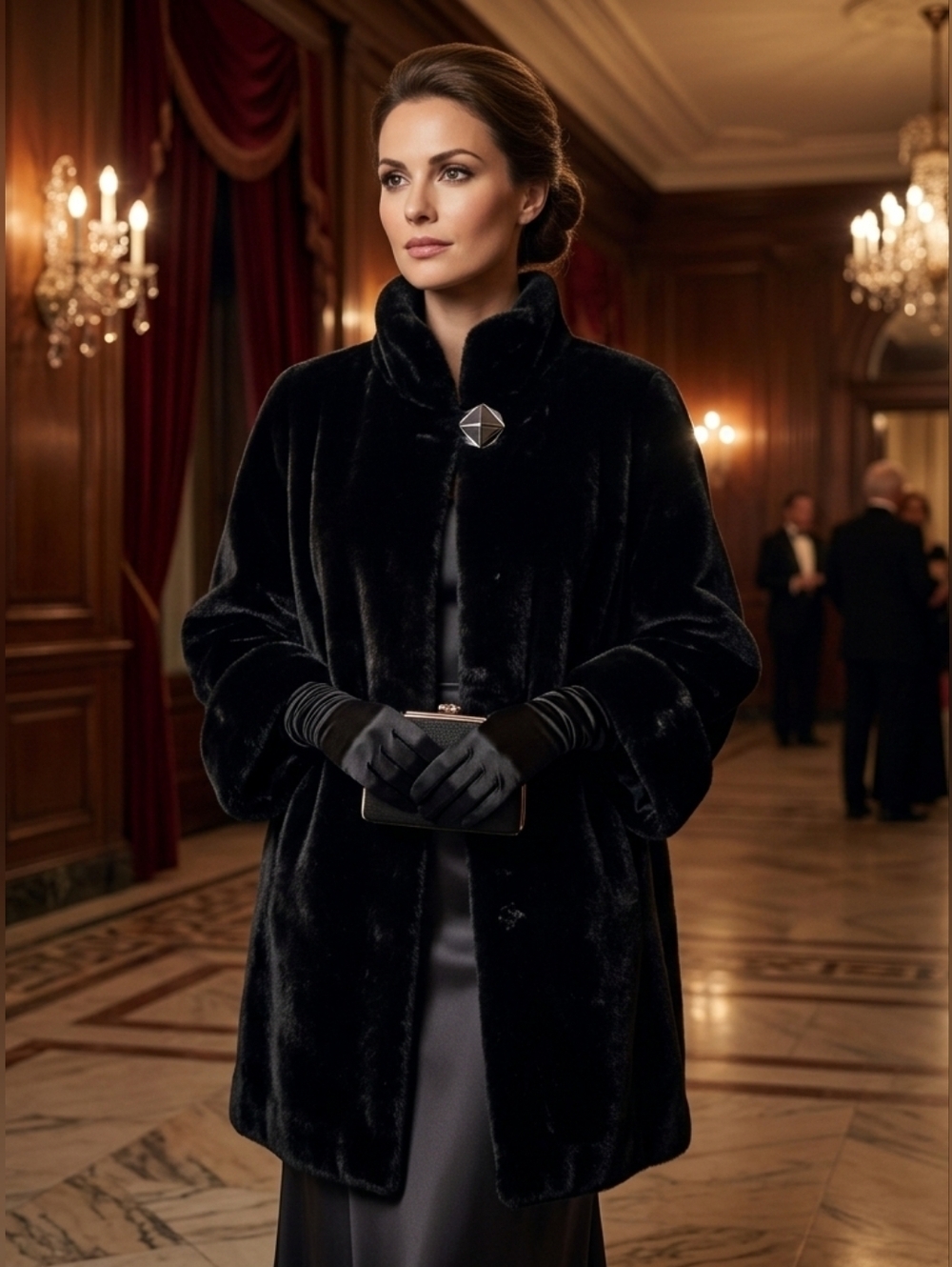 Fen Nelli Luxurious Black Faux Fur Mid-length Formal Gala Coat Size 11/12